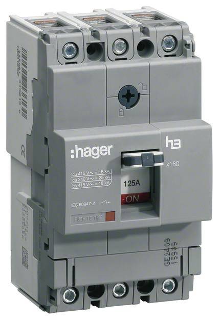 Disjoncteur de marque Hager, type H3 x160, affichant l'interrupteur marche/arrêt et les spécifications techniques pour la sécurité électrique.