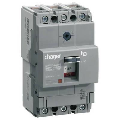 Disjoncteur de marque Hager, type H3 x160, affichant l'interrupteur marche/arrêt et les spécifications techniques pour la sécurité électrique.