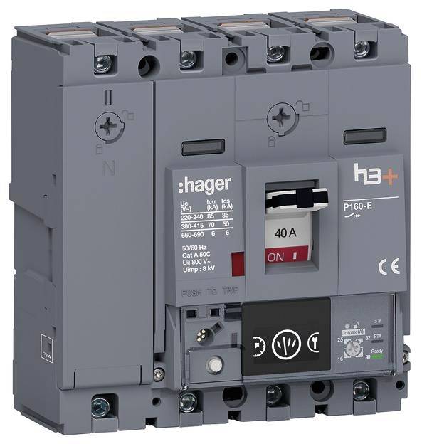 Disjoncteur Hager, modèle P160-E, avec spécifications techniques affichées. Destiné aux applications de sécurité électrique.