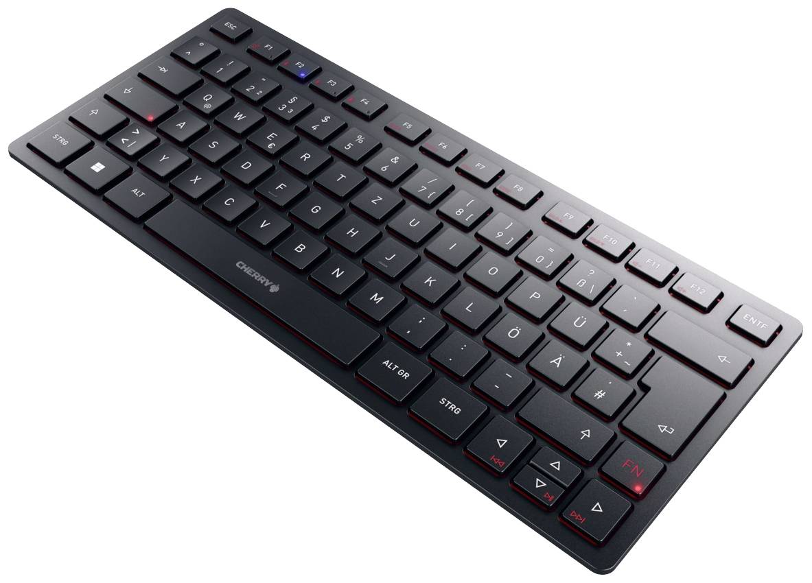 Un clavier d'ordinateur noir, compact, avec des touches plates et un symbole de fonction rouge sur la touche FN.