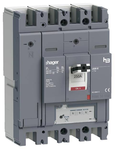 Un disjoncteur gris de la marque Hager, modèle h3, avec l'interrupteur sur 'ON', identifié 250A, adapté pour le contrôle électrique.