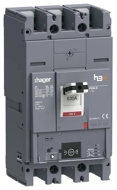 Un disjoncteur gris portant l'inscription 'Hager h3+', marqué '630A'. Contient des interrupteurs pour 'ON' et 'PUSH TO TRIP'.