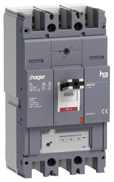Disjoncteur électrique Hager, modèle h3, réglé à 400A, gris, avec marquage CE, adapté aux applications industrielles.