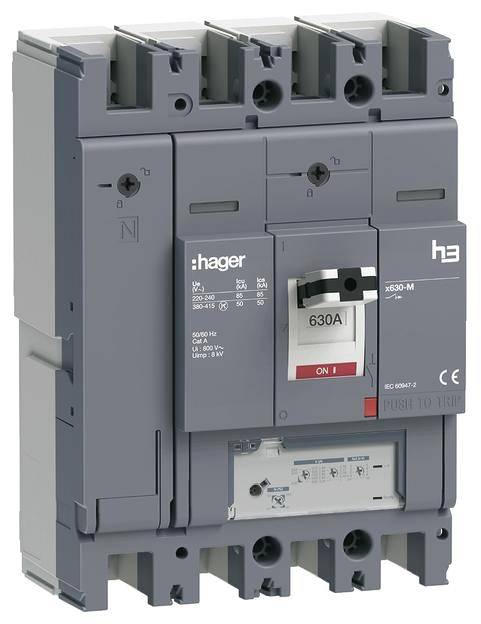 Disjoncteur gris-noir Hager avec l'inscription '630A', adapté pour la protection et la commande d'installations électriques.