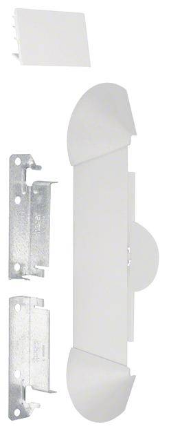 Pièces métalliques et en plastique d'un kit de montage, composé de supports et d'un couvercle, destinées à être fixées sur un mur.