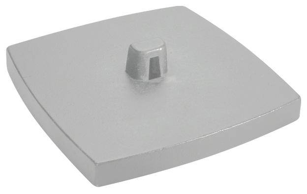Couvercle métallique gris carré avec fixation centrale légèrement surélevée.