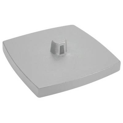 Couvercle métallique gris carré avec fixation centrale légèrement surélevée.