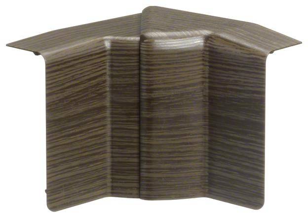 Équerre d'angle en plastique marron avec finition imitation bois, pour connexions intérieures à 90 degrés. Idéal pour habillages et panneaux avec design d'angle.