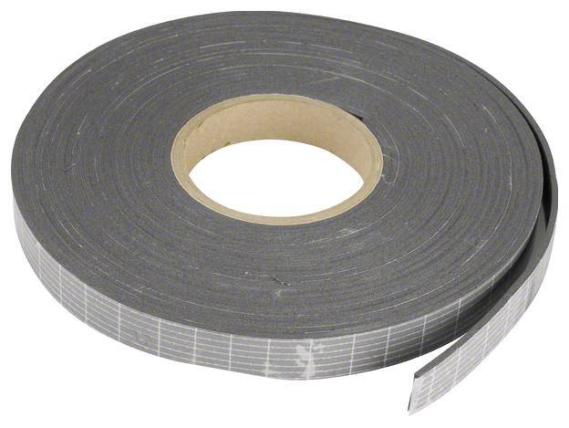 Un rouleau de ruban d'étanchéité gris, déroulé, avec le dos en papier visible. Idéal pour l'étanchéité et l'isolation.