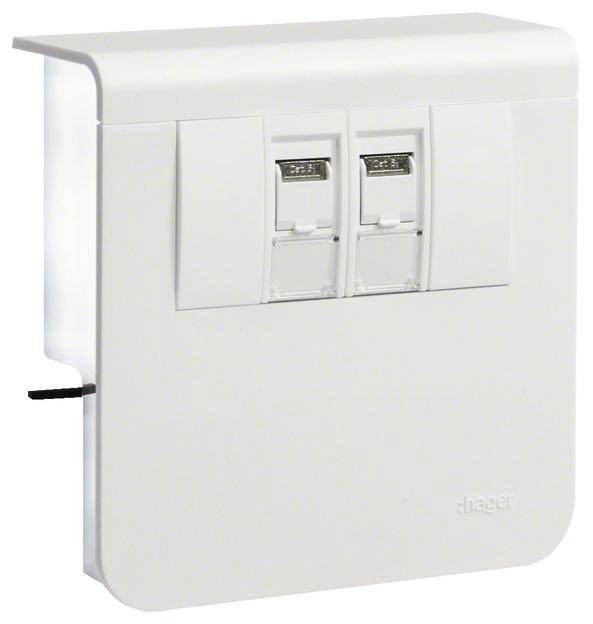 Un panneau mural blanc avec deux prises électriques, probablement pour des connexions Ethernet. Une petite ouverture noire pour câbles est visible.