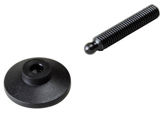 Bouton en métal noir et sa vis correspondante. Le bouton présente une ouverture centrale. Vis à filetage continu.