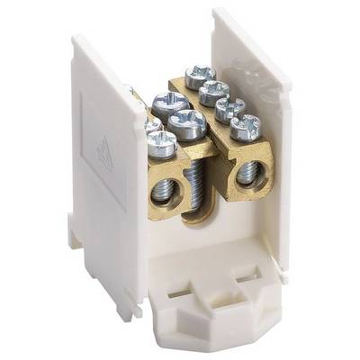 Boîtier électrique blanc avec bloc de connexion de couleur laiton et bornes à vis, adapté pour le câblage électrique.
