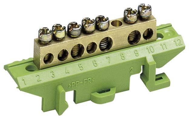 Barrette de connexion verte numérotée de 1 à 12, équipée d'un rail en laiton avec plusieurs bornes à vis pour la fixation des câbles.