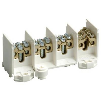 Un support de fusible électrique blanc avec quatre bornes de connexion et des vis, utilisé pour le câblage sécurisé dans les systèmes électriques.