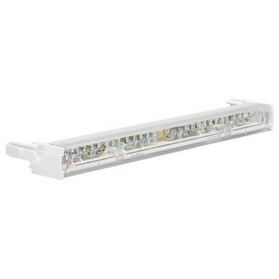 Un composant en plastique rectangulaire et translucide, vraisemblablement un connecteur électrique ou une barrette de connexion, avec plusieurs bornes de raccordement.