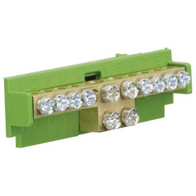 Barrette de connexion verte à huit bornes numérotées et vis, adaptée aux installations électriques.