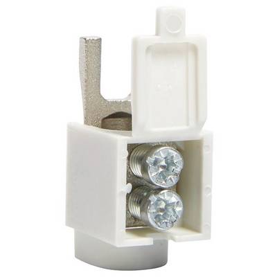 Un bloc de connexions électrique en plastique ouvert, équipé de deux vis métalliques pour la fixation des câbles.