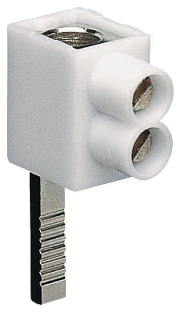 Un connecteur blanc bipolaire avec des broches métalliques à la base, adapté pour les connexions électriques.