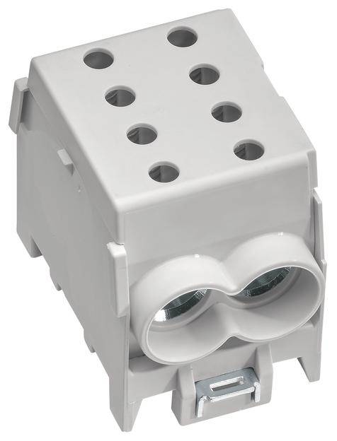 Un bloc de jonction électrique rectangulaire gris avec plusieurs ouvertures de connexion, adapté pour recevoir des fils destinés aux connexions électriques.