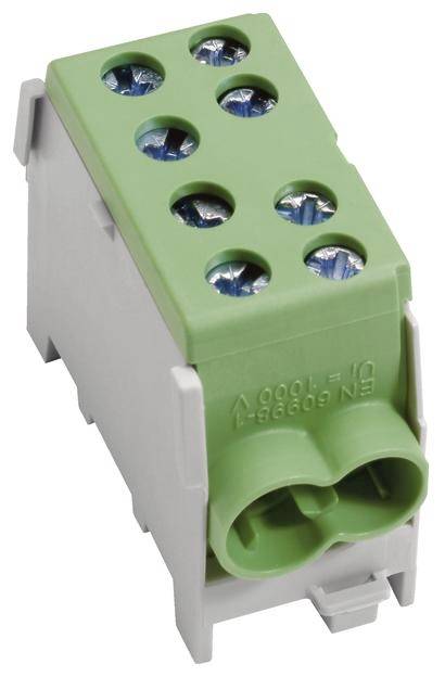 Bloc de connexion électrique vert avec six bornes à vis dans un boîtier blanc.