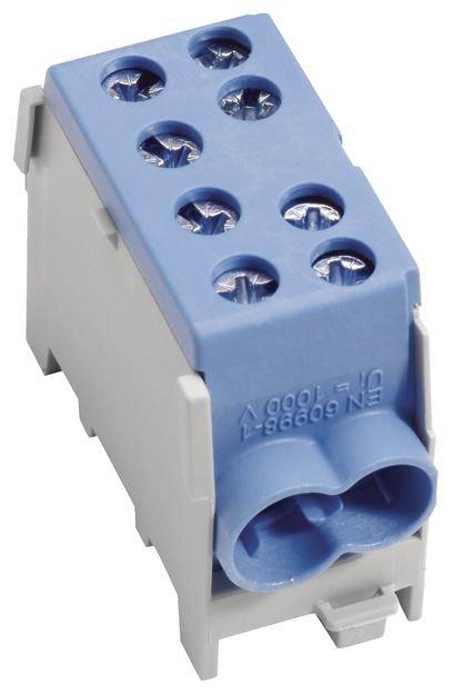 Connecteur en plastique bleu avec six bornes à vis sur une base grise, destiné au câblage électrique.
