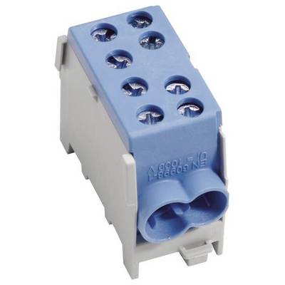 Connecteur en plastique bleu avec six bornes à vis sur une base grise, destiné au câblage électrique.