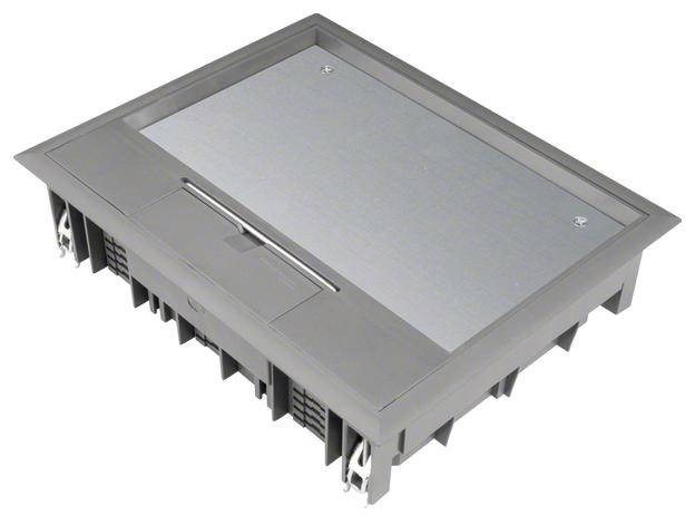 Boîte de dérivation rectangulaire grise pour canal de sol, avec couvercle amovible, adaptée au câblage dans les bureaux et les bâtiments résidentiels.