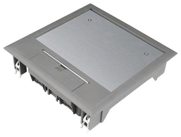 Un boîtier de prise de sol rectangulaire gris avec un couvercle plat en métal.