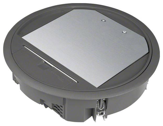 Réservoir de sol rond avec deux vis sur un couvercle métallique, adapté pour l'installation de connexions électriques au sol.