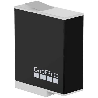 Une batterie noire portant le logo 'GoPro' dessus. La batterie est rectangulaire et possède une languette grise sur le dessus.