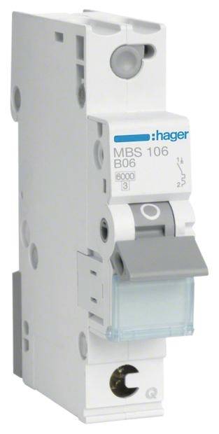 Un disjoncteur unipolaire Hager, modèle MBS 106, de type B06 avec un courant nominal de 6 ampères.