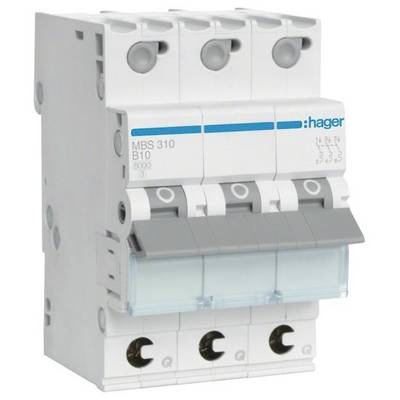 Un disjoncteur triphasé Hager, modèle MBS 310 B10, est présenté. Il est utilisé pour protéger les circuits électriques.