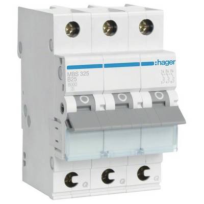 Un disjoncteur tripolaire de marque 'Hager', modèle 'MBS 325 B25', destiné à protéger les circuits électriques contre les surcharges.