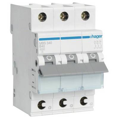 Un disjoncteur Hager MBS 340 B40 tripolaire. Utilisé pour la protection électrique dans les tableaux électriques, avec interrupteurs à bascule gris à l'avant.