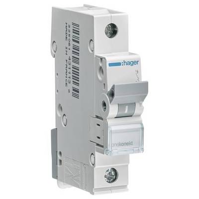 Un disjoncteur automatique portant les inscriptions 'Hager' et 'Mollon'. Il est gris et blanc, disposé verticalement.