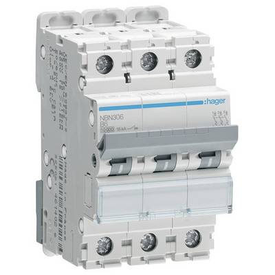 Un disjoncteur tripolaire Hager, modèle NBN306, avec levier bleu, pour la protection des circuits électriques.