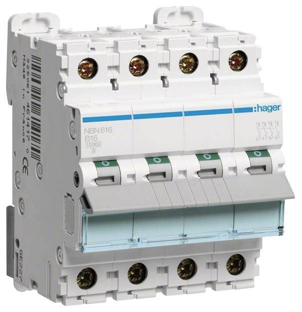 Un disjoncteur blanc multifonction de marque Hager, adapté pour les circuits électriques de protection.