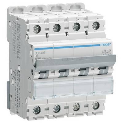 Un disjoncteur de protection de ligne blanc, tétrapolaire de Hager avec des éléments bleus et gris, numéro de modèle 'NDN406 D6'.