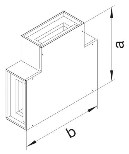 Dessin isométrique d'un conduit de ventilation rectangulaire avec les dimensions 'a' et 'b'.