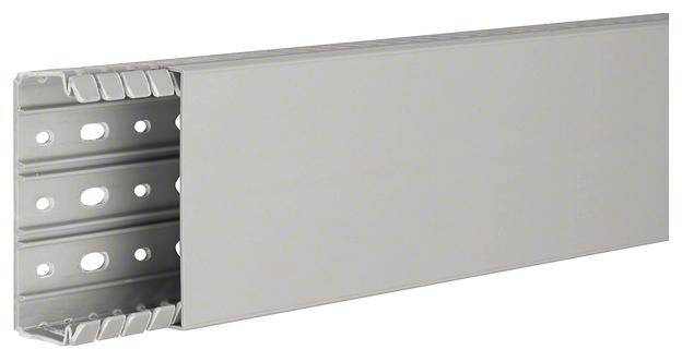 Gaine de câbles grise, rectangulaire, avec des côtés perforés pour la fixation, en plastique, présentée en gros plan.