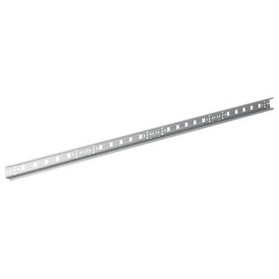 Rail long en argent avec des trous le long du centre pour la fixation de composants électriques dans les armoires électriques.