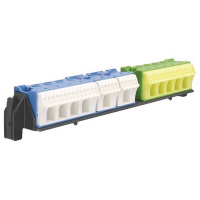 Gros plan d'un connecteur modulaire avec un capot bleu, vert et jaune. Utilisé pour connecter des lignes électriques.
