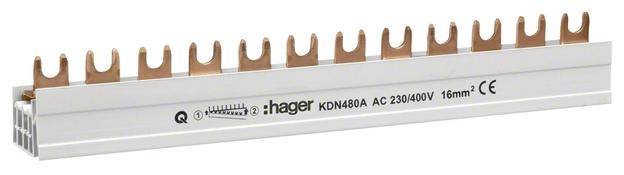 Un connecteur de bus électrique Hager avec plusieurs contacts en cuivre. Modèle KDN 408A, pour 230/400V, 16 mm².
