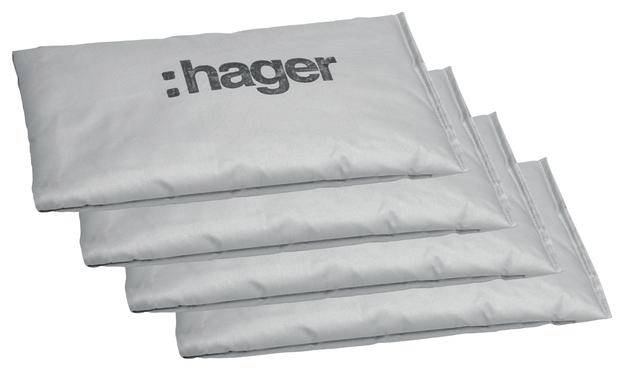 Quatre sachets rectangulaires blancs avec l'inscription 'hager' empilés les uns sur les autres.