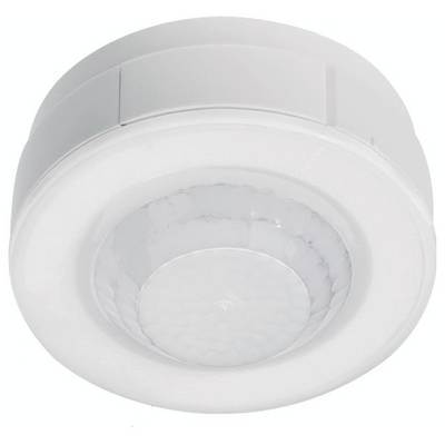 Un détecteur de mouvement blanc, rond, avec une surface structurée au centre, conçu pour un montage au plafond à l'intérieur.