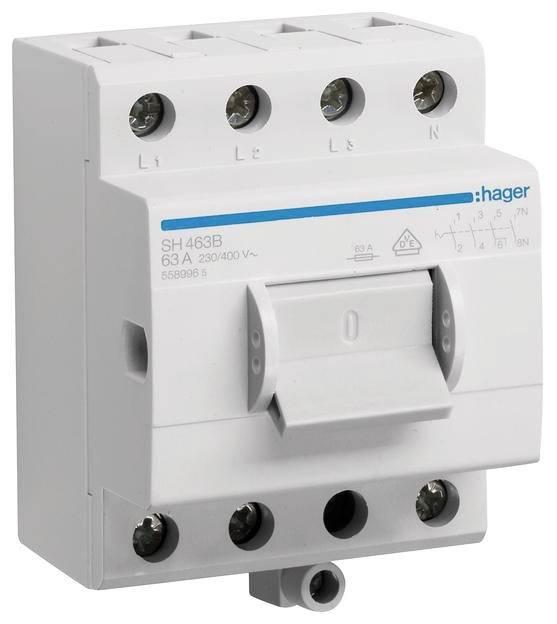Un disjoncteur blanc Hager SH 463B avec une ligne bleue en haut. Adapté pour 63 A, 230/400 V. Montable sur rail DIN.