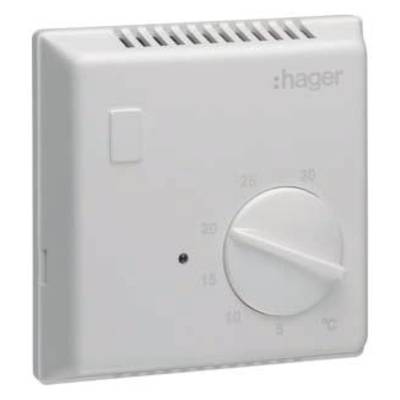 Thermostat d'ambiance blanc Hager avec bouton rotatif pour la régulation de la température, échelle de 5 à 30 degrés Celsius.
