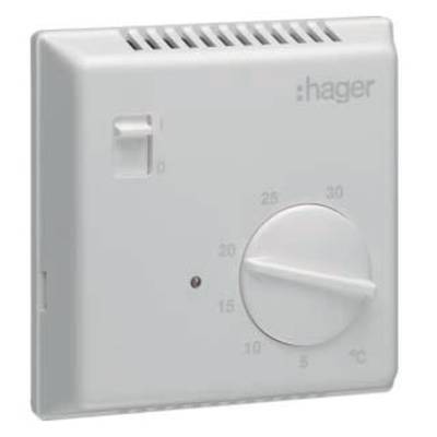 Thermostat blanc Hager avec bouton rotatif pour le réglage de la température. Échelle de 5 à 30 degrés Celsius.