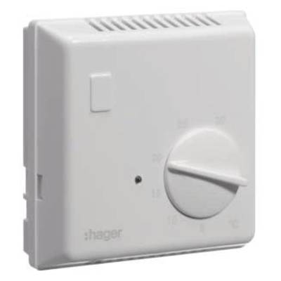 Un thermostat blanc carré de Hager avec un bouton rotatif pour régler la température.