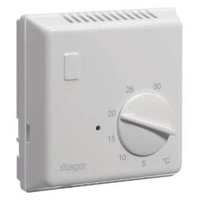 Un thermostat d'ambiance blanc avec bouton rotatif, plage de température de 5 à 30 degrés Celsius.